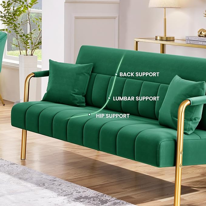 Yaheetech 56.5 W Modern Sofa Small Sofa Luxurious Velvet Fabric Couch with Gold-Tone Metal Arms and Legs for Living Room Home Office Studio Green