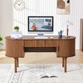 ORRD Home Office Oval Desk with Sliding Tambour Door and Drawer Modern Fluted Wood Executive Computer Storage Desk for Study Living Room Bedroom Office - Walnut