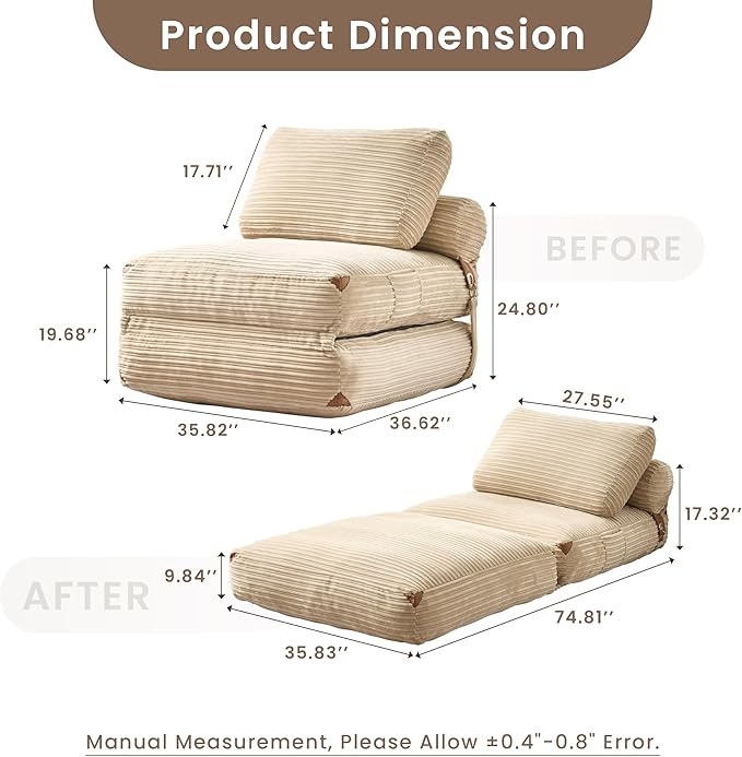 ovios Folding Sofa Bed Foldable Sleeper Chair Floor Futon Comfy Portable Convertible Fold Out Lounge Chairs for Living Room Bedroom Beige