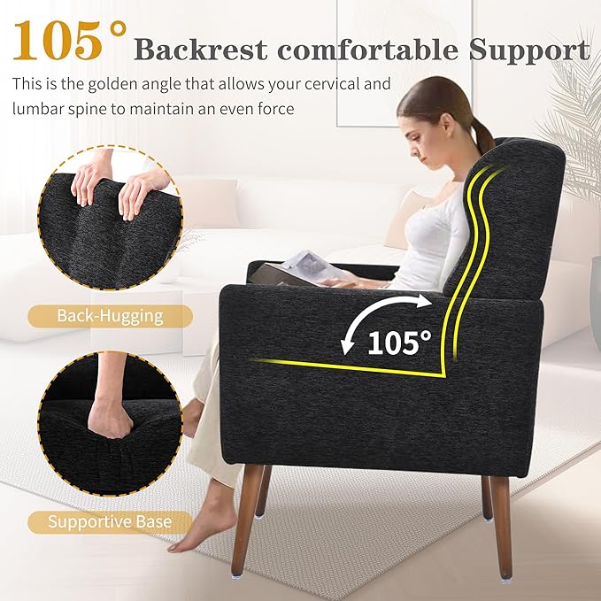 Modern Accent Chair Upholstered Armchair with Pillow Fabric Single Sofa Chair with Lounge Seat Solid Wood Legs Accent Chair for Living Room Bedroom Small Spaces(Black)