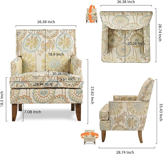 Floral Accent Sofa Chair Wingback Sofa Chair Comfy Club Chair Pattern Single Chair Upholstered Reading Arm Chairs for Living Room Bedroom (Beige Yellow)