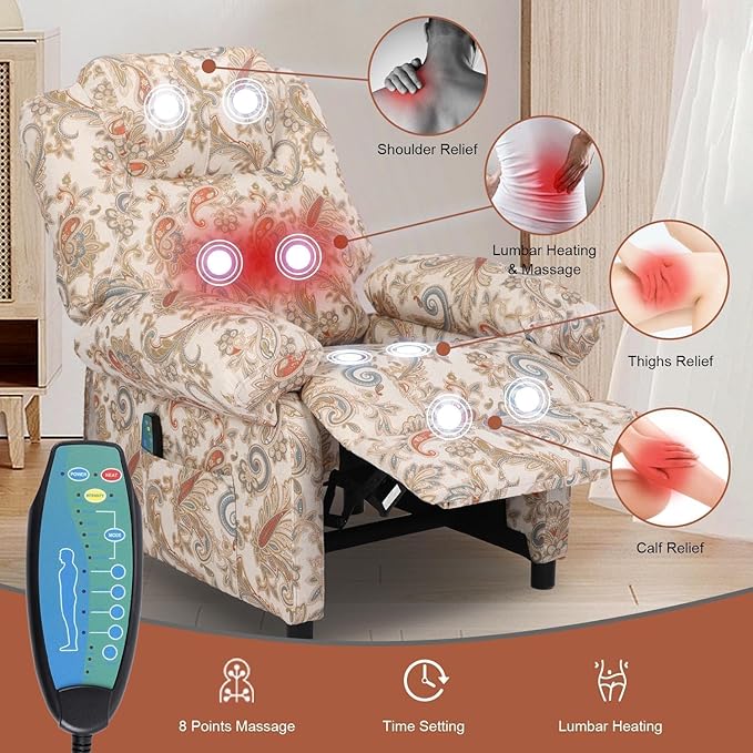 Manual Recliner Chair Massage Chair Recliners with Heat Pushback Recliners for Living Room Small Recliner Chairs for Small Spaces Fabric Overstuffed Single Sofa with Vibration Home TheaterFloral