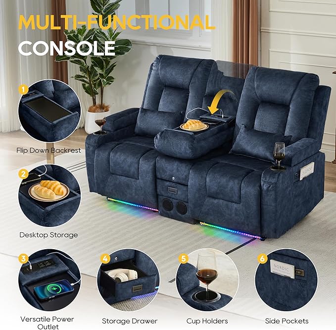 IPKIG Power Recliner Loveseat with Console Zero Wall Hugger Sofa Couch Velvet 2-Seater Sofa with LED Lights AC Outlets USB Ports Cup Holders Blue | Storage Drawer Bluetooth Speaker Living Room