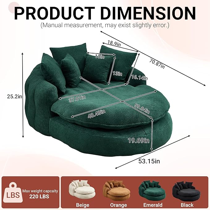 71 Oversized Round Chair Giant Bean Bag Couch Chairs for Adults Fluffy Chenille Boneless Couch Circle Bed with 5 Pillows Extra Deep Seat for Living Room Lounge No Assembly Required (Emerald)