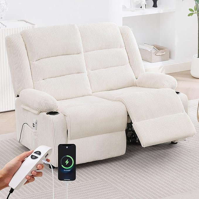 52Inch Power Loveseat ReclinerElectric Reclining Loveseat SofaAdjustable Love seat Recliner Sofa for Living RoomBedroom with Charging Ports(Striped White one seat+loveseat)