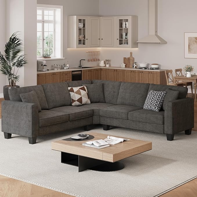 ONBRILL L Shaped Couch Small Corner Sectional Sofa for Living Room Comfy Chenille L Shape Sofa with 3 Throw Pillows Easy Assembly Convertible Sectional Sofa Couches for Apartment Grey