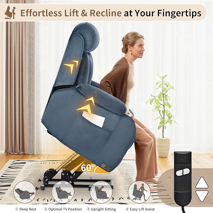 Power Lift Chair Recliners for Elderly Modern Adult Power Lift Recliner Velvet Upholstery Electric Lift Chair Recliner with Remote Side Pocket for Living Room