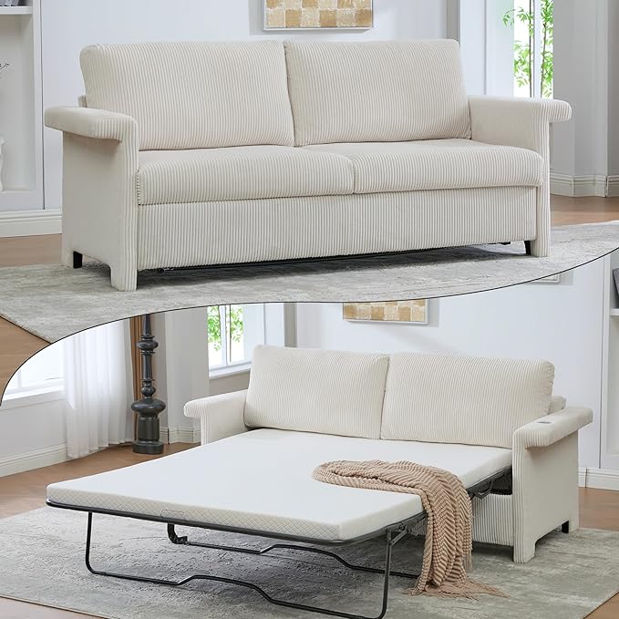 Full Size Sleeper Sofa Bed Pull Out Couch with Queen Size Memory Foam Mattress 2-in-1 Convertible Corduroy Loveseat Sleeper for Small Apartment USB Charging (Beige2)