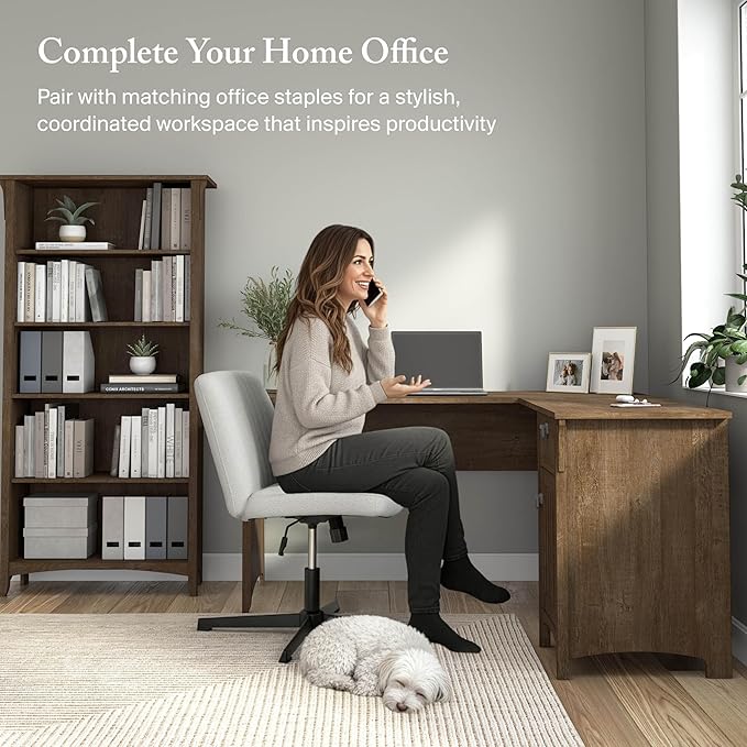 Bush Furniture Salinas L-Shaped Desk with Storage | Study Table with Drawers &amp Cabinets | Home Office Computer Desk in Ash Brown