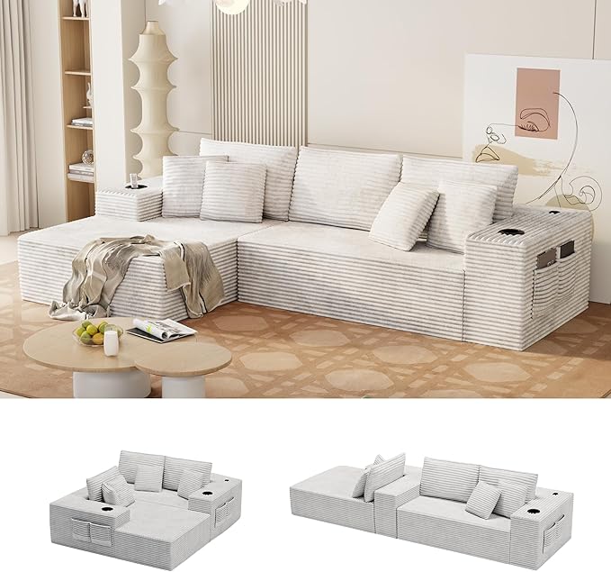 104.3 Modular Sectional Sofa Beige Boneless Couch Left Chaise L Shaped Couch with USB Ports 2 Cup Holders 2 Side Storage Bags &amp Lint Remover No Assembly Sectional Couches for Living Room