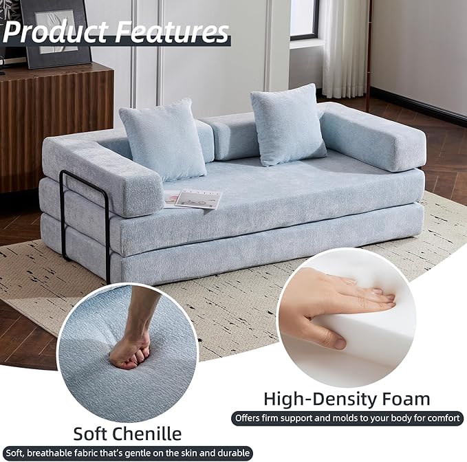 Folding Sofa Bed Convertible Sleeper Sofa Chenille Floor Couch with Pillows Fold Out Couch King Size Bed Futon  Foldable Memory Foam Mattress for Living Room Bedroom Playroom (Light Blue)