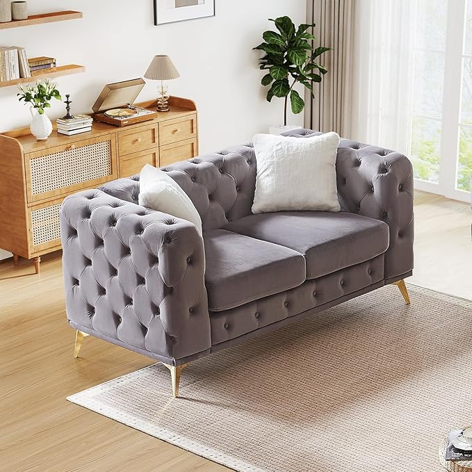 Mid Century Modern Loveseat Couch61W Luxury Upholstered Velvet Small Couch with Button Tufted &amp Gold Legs Deep Seat Comfy Chesterfield Sofa for Living Room Bedroom Office(2 Seater Grey)