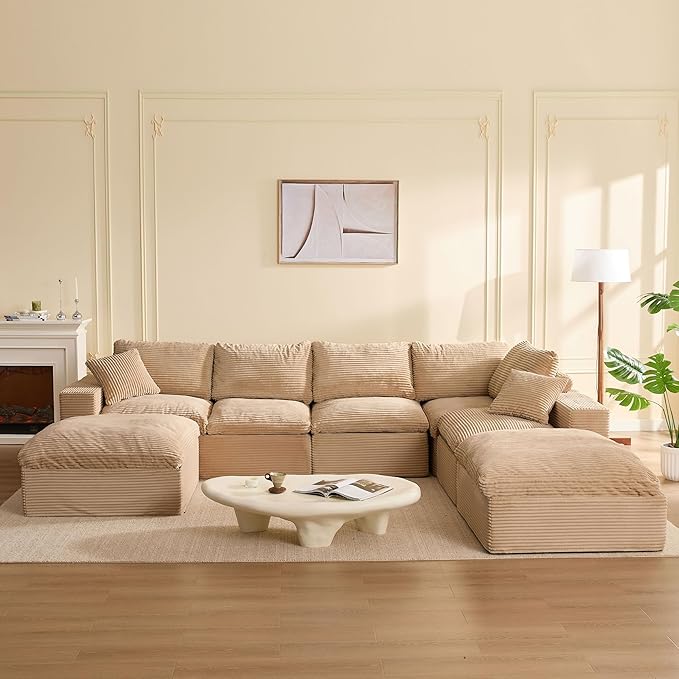 137.8” Sectional Couches for Living Room Set of Cloud Couch Modular Sectional Sofa Convertible Sofas Bed Deep Seat Sofa Sleeper Sofa Full Size Corduroy Camel