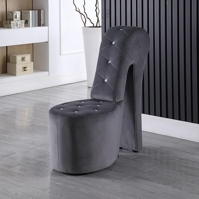 Tristam 40 Modern Glam High Heel Lounge Chair Armless Chair with Upholstered Crystal-Like Buttons and Diamond Stitching Comfortable Indoor Seating for Bedroom Living Room (Grey (Velvet))