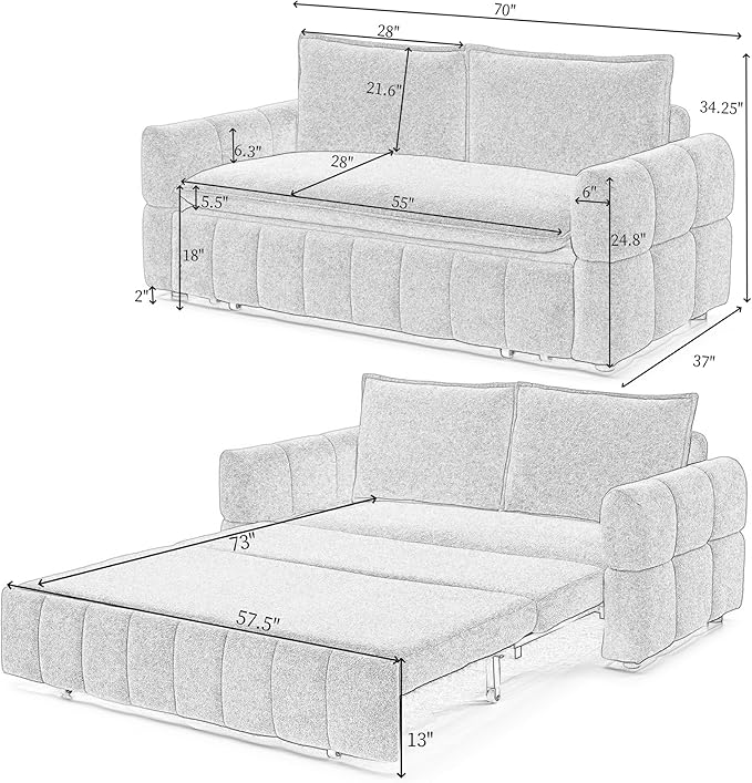 70 Convertible Sleeper Sofa Couch Full Size 3-in-1 Pull Out Sofa Bed for Living Room Upholstered Loveseat for Home Office Bedroom Apartment Orange