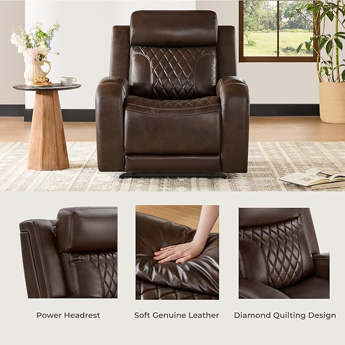 CHITA Genuine Leather Recliner Chair for Adults with Adjustable Power Headrest Lay Flat Power Recliner with Slide-Out Cupholders &amp USB/Type-C Ports Living Room Chair Brown