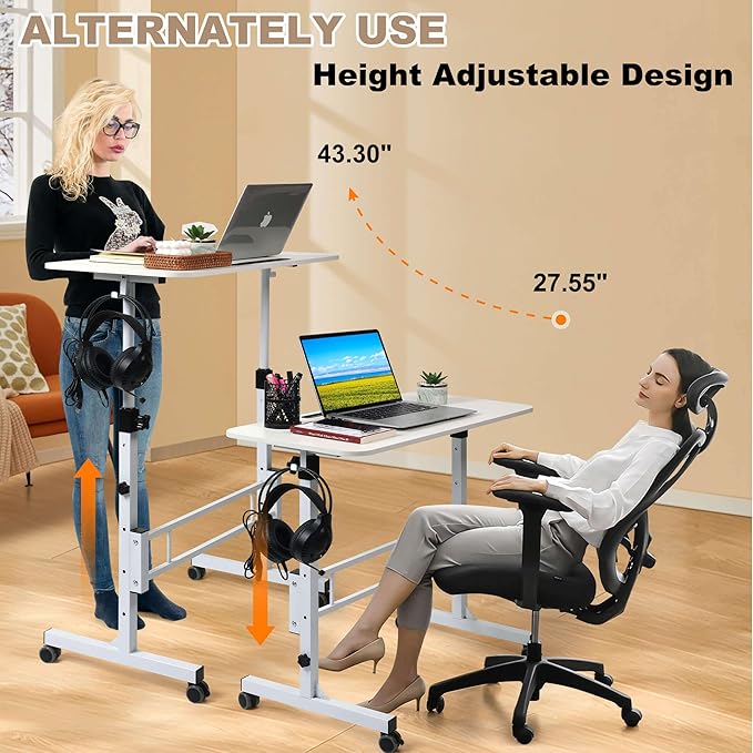 Adjustable Standing Desk with Wheels Portable Rolling Walking Pad Desk Small Laptop Table for Home Office Sit Stand Up Workstation Size 15.7x 31.5 White