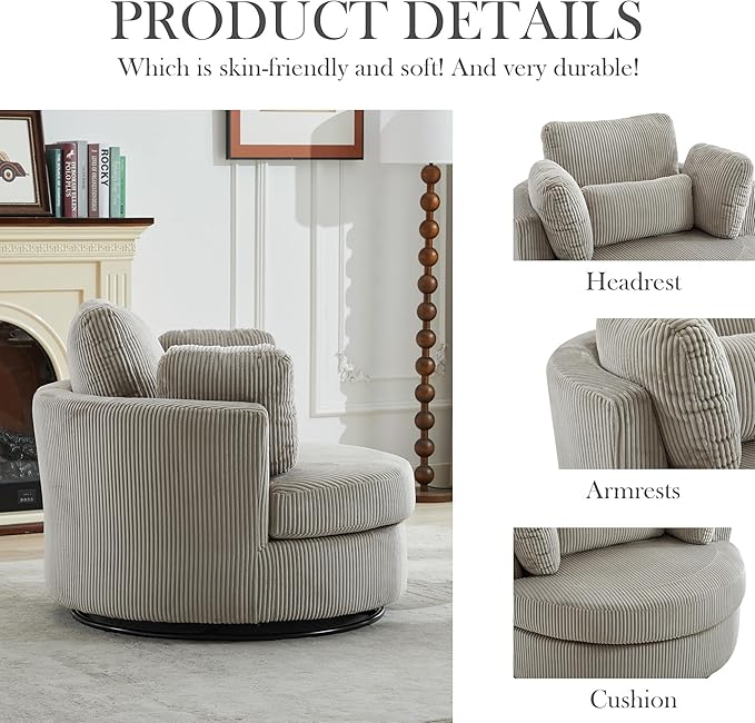 Aoiy &amp Wifon 42 W Oversized Swivel Accent Chair Upholstered Round Barrel Chair Corduroy Light Gray