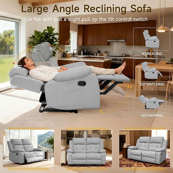 Reclining Loveseat Recliner Sofa 2-Seater Double Manual Dual Recliner Oversized Couches for Living Room Bedroom RV(Loveseat Grey)