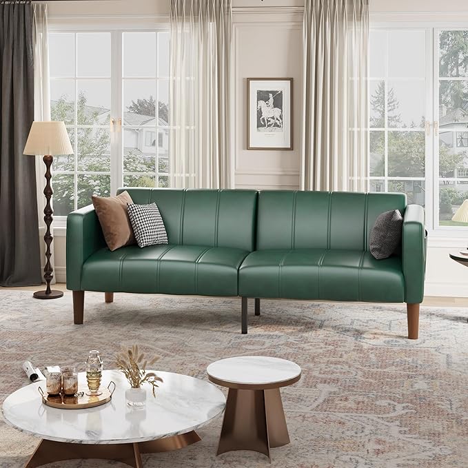 GarveeHome Futon Sofa Bed 75-Inch Modern Faux Leather Convertible Couch Mid-Century Loveseat for Small Space Living Room Bedroom Green
