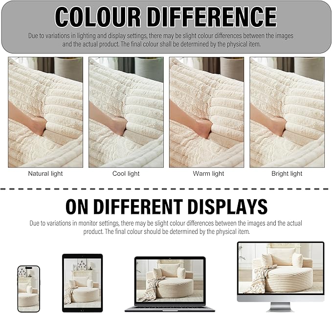 55 White Oversized Round Boneless Couch Sofa Corduroy Memory Foam Cloud Couches Lounge Chair Comfy Fluffy Single Sofa with 3 Pillows for Living Room Bedroom No Assembly Required (White)