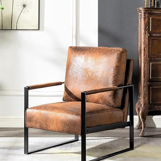Modern Accent Chair for Living Room Bedroom Mid Century Arm Chair Microfiber Office Accent Chair Reading Chair with Metal Frame for Balcony Lounge Brown