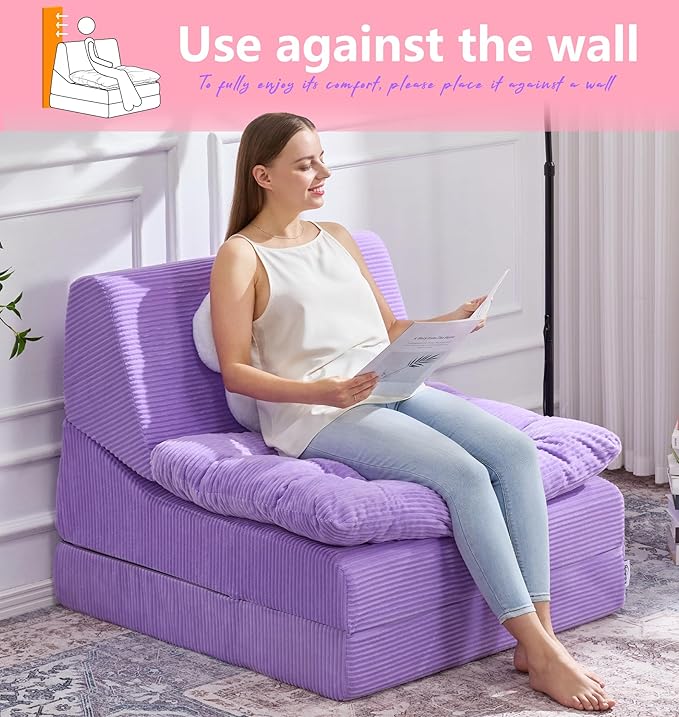 Hobestluk Sofa Couch Folding Sofa Bed Comfy Floor Lounger Convertible Sofa with Removable Cushion Couches for Small Spaces Foldable Mattress for Living Room Bedroom or Office (Cordury Purple Large)