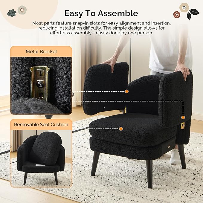 VINGLI 30.3 Wide Modern Barrel Accent Armchairs Set of 2 with Track Armrest Solid Wooden Legs Comfy Upholstered Club Chairs Single Home Sofa for Living Room Bedroom ReadingTeddy Fleece Black