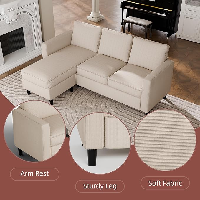 Walsunny 73 Sectional Sofa Couches 3 Seat L Shaped Couch with Ottoman Modern Small Sectional Couches for Small Space Apartment Office Khaki