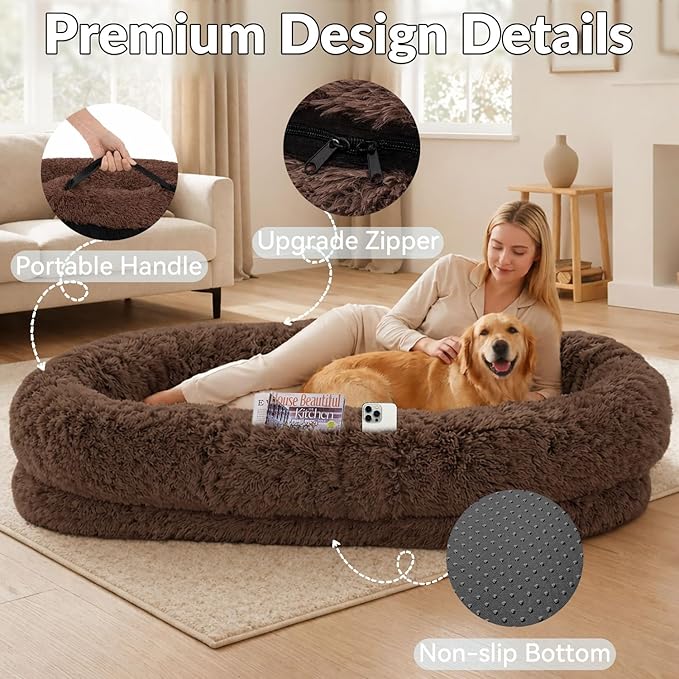 71x44x12.5 Human Dog Bed for Adult Faux Fur Washable Human Dog Bed Portable Handle Egg Orthopedic Foam Human Bed Extra Large with Present Blanket Brown
