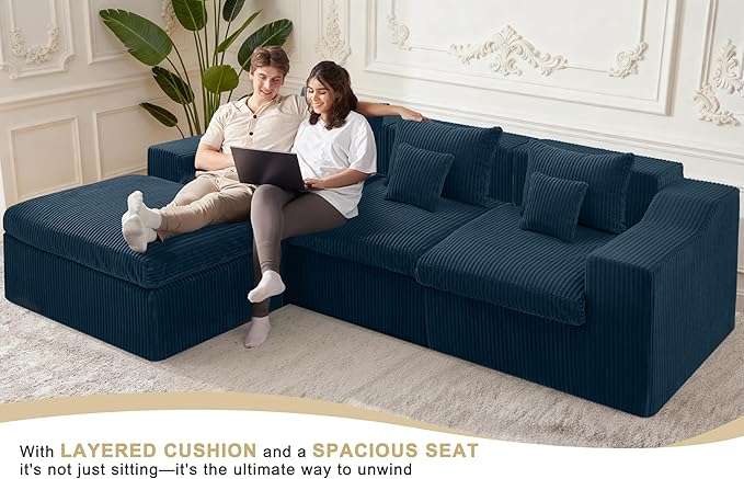 101 Modular Couch Sectionals with Ottoman Big Comfy Cloud Couches L Shaped 4 Seat Modular Sectional Sofa Sectional Double Cushion Couches with Deep Seat for Living RoomNo Assembly Required(Blue)