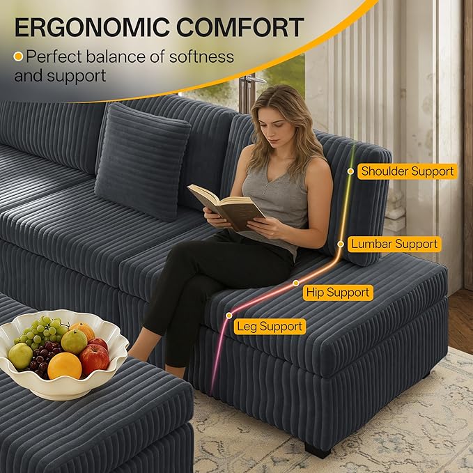 KEIKI 110 L-Shaped Oversized Plush Corduroy Modular Sectional Sofa with Pull-Out Bed Convertible 6-Seater Sleeper Couch Bed with 1 Ottomans &amp USB &amp Cup Holders Easy Assembly for Living Roo