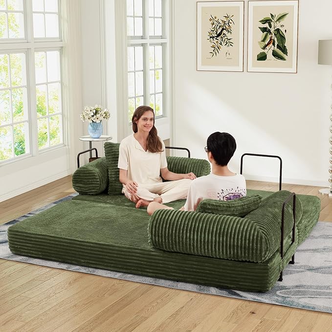 78.5W Convertible Folding Sofa Bed Corduroy Upholstered Queen Size Foam Floor Couch with Fixed-Shaped Frame Loveseat Sleeper Compression Sofa Foldable Mattress for Living Room Bedroom(Green)