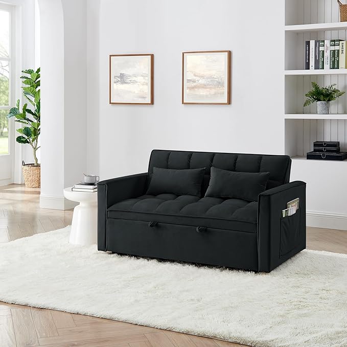 KEIKI 54.33 Pull-Out Sofa Couch Bed 2 in 1 Convertible Velvet Sleeper Sofa with Adjustable Back for Apartment Living Room Black