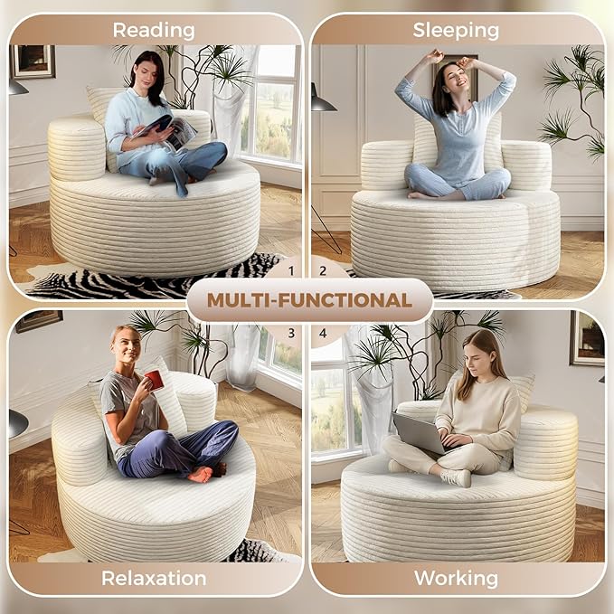 37.4 Boneless Round Chair Oversized Chaise Lounge Cloud Chair Indoor Upholstered Corduroy Deep Seat Sofa Accent Chair No Assembly Required for Living Room Bedroom Apartment