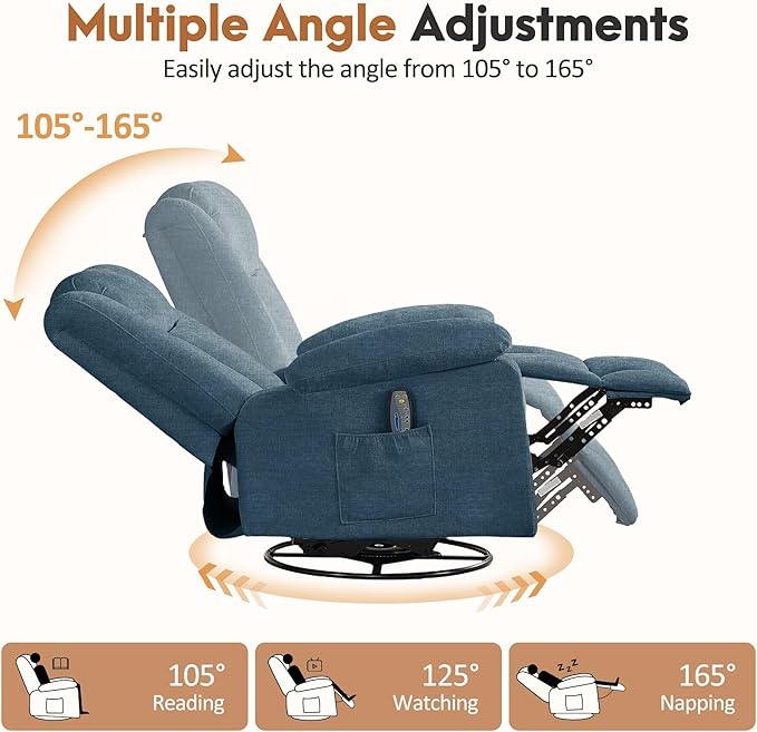 Rocker Recliner Chair for Adults 360° Swivel Rocker Recliner with Massage and Heating Nursery Rocking Chairs with Side Pockets Manual Reclining Chair for Living Room Bedroom or Nursery