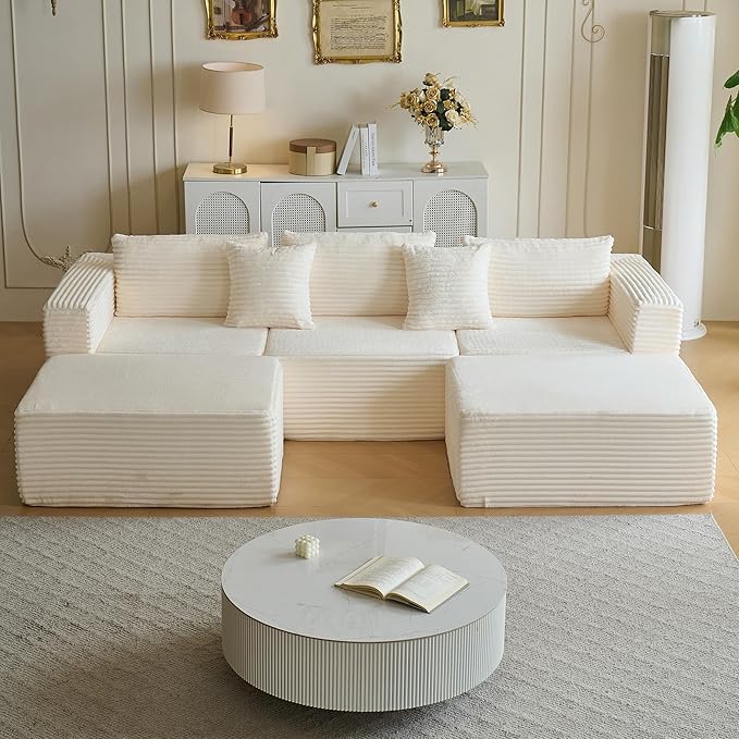 110 Modular Sectional Couch with 2 Movable Ottoman Cloud Sofa Couches for Living Room U Shaped Deep Seat Boneless SofaLuxury Corduroy Fabric No Assembly Required White