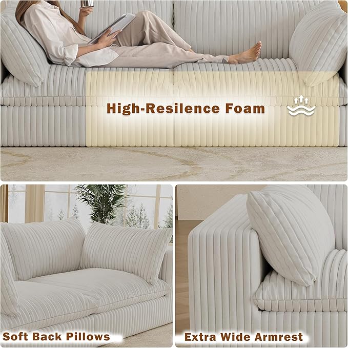 157.6 Modular Sectional Sofa Cloud Couch with Ottoman Modern Fluffy Boneless Couch Deep Seat Upholstered Sofa for Living Room Furniture Bedroom and Apartment (White 4S &amp L Shape) | Plush Cord