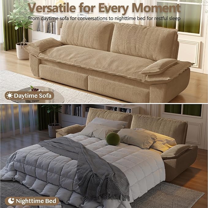 73.2 Futon Sofa Bed Queen Size Pull Out Bed 3-in-1 Convertible Sleeper Sofa with Cushion Armrest Modern Corduroy Futon Couch for Living Room Small Space Apartment Bedroom Camel