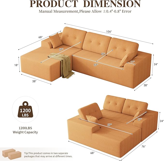Ball &amp Cast 106 Cloud Sectional Couch Compressed L-Shaped Sofa with Deep Seat Chaise Boneless No Assembly Modular Couch Foam &amp Spring Support 2 Boxes (Left Facing Chenille Orange)