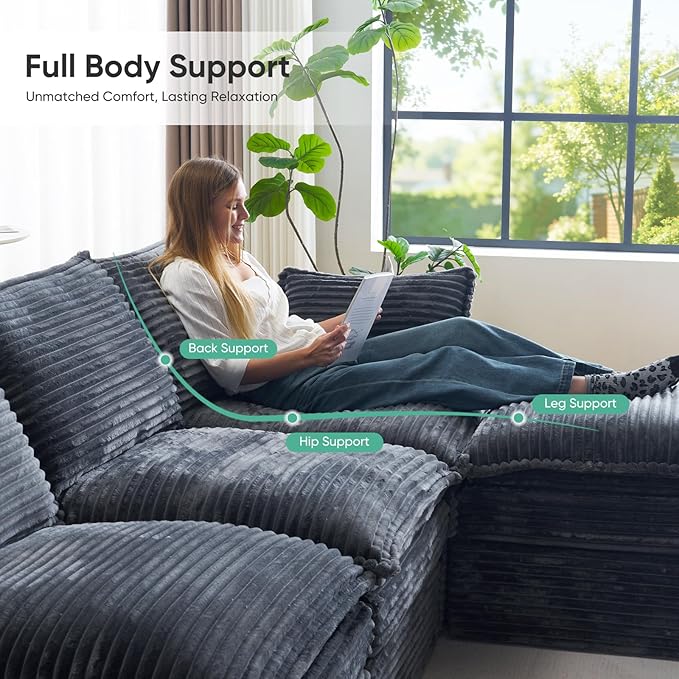 145 Cloud Sectional CouchOversized U Shaped Boneless Couch with OttomanDeep Seat Modular Sectional Sofa for Living Room with Side Pockets No AssemblyCorduroyGrey