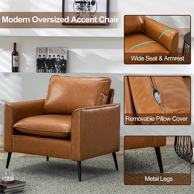Okeysen Modern Leather Chair Set of 2 Oversized Armchair for Living Room Mid-Century Accent Reading Chair for Bedroom Comfy Upholstered Single Sofa for Waiting Room.