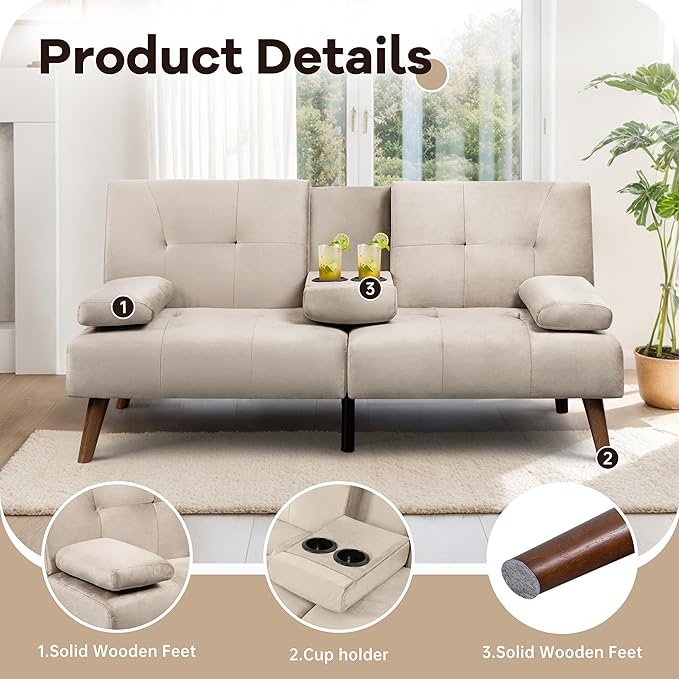 Walsunny Futon Sofa Bed Convertible Sofa Couch Bed Velvet Futon Couch with Cup Holder Sleeper Sofa with Adjustable Backrest for Living Room Small Space