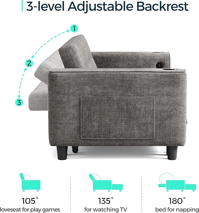 LINSY Sleeper Sofa Bed 54 Pull Out Couch with Charging Station &amp Cup Holder Small 3 in 1 Convertible Loveseat Sleeper Couch for Apartment Dorm Room Bedroom and Small Space Chenille Gray