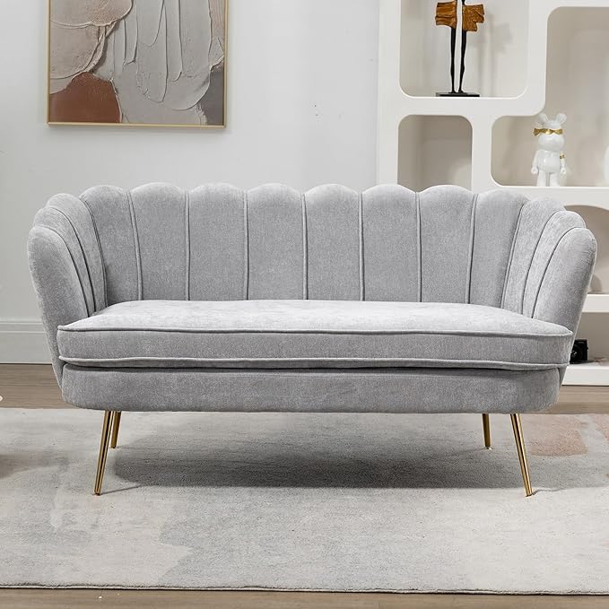 Anwick 59 Small Modern Chenille Loveseat Sofa 2-Seater Sofa with Gold Metal Legs Small Couch with Flower Shaped Back for Living Room Bedroom Office (Light Gray)