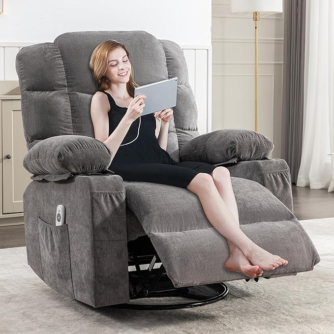 Massage Rocker Recliner Chair with Heat and Vibration Ergonomic Rocking Lounge Chair for Living Room Comfy with 2 Side Pockets 2 Cup Holders USB Charge Port (Grey)
