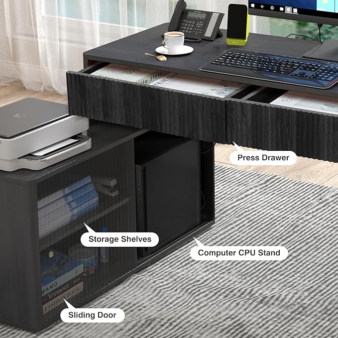 Modern Computer PC Desk Table with Storage Corner L Shaped Desk with Drawers Home Office Desk for Bedroom and Small Space for Writing Executive Study Work Vanity - Black