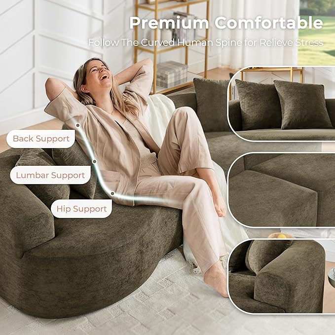 112'' Oversized Curved Modular Sectional Sofa Upholstered Chenille Boneless Couch Comfy Cloud Compression Sofa with Extra Deep &amp Wide Seat for Living Room Apartment Office Dark Brown