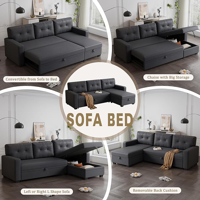 82 L-Shape Convertible Sleeper Sectional Sofa with Storage Chaise and Pull-Out BedModular Corner Couch Loungew/Removable 3 Back Cushions and Armrestfor Home FurnitureDark Gray