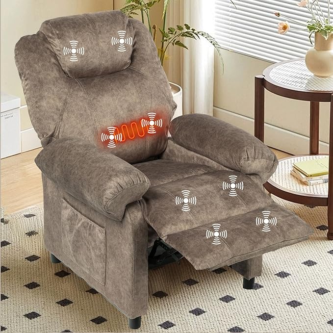 KCREAM Massage Recliner Chair with HeatOverstuffed Fabric Recliner Chairs with HeatingSmall Recliner for Living Room Bedroom Manual Reclining Single Sofa Recliners Lounge Chair for AdultBrown